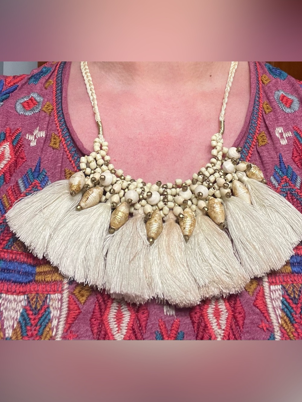Noonday Bohemian Cream Tassel Statement Necklace- dramatic!